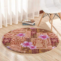 Orange Hawaii Hibiscus With Tropical Flowers Motifs Round Carpet - Polynesian Pride