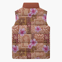 Orange Hawaii Hibiscus With Tropical Flowers Motifs Sleeveless Puffer Jacket - Polynesian Pride