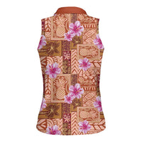 Orange Hawaii Hibiscus With Tropical Flowers Motifs Women Sleeveless Polo Shirt - Polynesian Pride