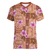Orange Hawaii Hibiscus With Tropical Flowers Motifs Women V-Neck T-Shirt - Polynesian Pride