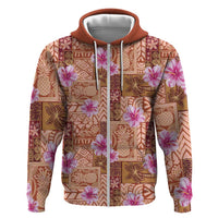 Orange Hawaii Hibiscus With Tropical Flowers Motifs Zip Hoodie - Polynesian Pride