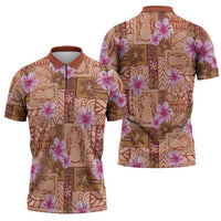 Orange Hawaii Hibiscus With Tropical Flowers Motifs Zipper Polo Shirt LT14 - Polynesian Pride