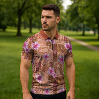 Orange Hawaii Hibiscus With Tropical Flowers Motifs Zipper Polo Shirt LT14 - Polynesian Pride