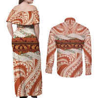 Aloha Hawaii Mikioi Lei Couples Matching Off Shoulder Maxi Dress and Long Sleeve Button Shirt Beige Tropical Flower Pattern - Polynesian Pride