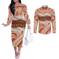 Aloha Hawaii Mikioi Lei Couples Matching Off The Shoulder Long Sleeve Dress and Long Sleeve Button Shirt Beige Tropical Flower Pattern - Polynesian Pride