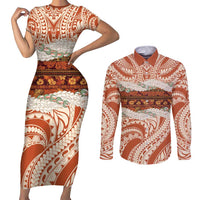 Aloha Hawaii Mikioi Lei Couples Matching Short Sleeve Bodycon Dress and Long Sleeve Button Shirt Beige Tropical Flower Pattern - Polynesian Pride