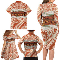 Aloha Hawaii Mikioi Lei Family Matching Long Sleeve Bodycon Dress and Hawaiian Shirt Beige Tropical Flower Pattern - Polynesian Pride