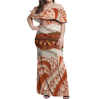 Aloha Hawaii Mikioi Lei Off Shoulder Maxi Dress Beige Tropical Flower Pattern - Polynesian Pride