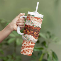 Aloha Hawaii Mikioi Lei Tumbler With Handle Beige Tropical Flower Pattern - Polynesian Pride