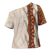 Aloha Hawaii Mikioi Lei Cross Shoulder Shirt Cattail Red Tropical Flower Pattern - Polynesian Pride