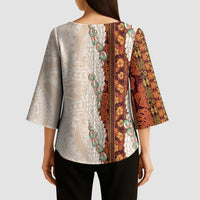 Aloha Hawaii Mikioi Lei Kimono Sleeve Blouse Cattail Red Tropical Flower Pattern - Polynesian Pride