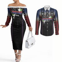 Mabuhay Philippines Festival Couples Matching Off The Shoulder Long Sleeve Dress and Long Sleeve Button Shirt Filipino Map Sampaguita Igorot Pattern