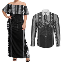 Mabuhay Philippines Festival Couples Matching Off Shoulder Maxi Dress and Long Sleeve Button Shirt Filipino Map Black White Igorot Pattern
