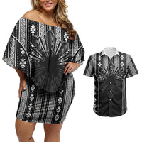 Mabuhay Philippines Festival Couples Matching Off Shoulder Short Dress and Hawaiian Shirt Filipino Map Black White Igorot Pattern