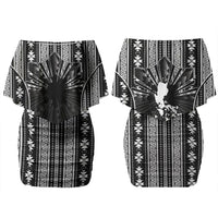 Mabuhay Philippines Festival Couples Matching Off Shoulder Short Dress and Hawaiian Shirt Filipino Map Black White Igorot Pattern