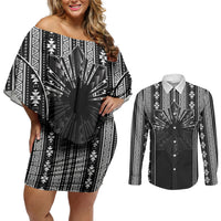 Mabuhay Philippines Festival Couples Matching Off Shoulder Short Dress and Long Sleeve Button Shirt Filipino Map Black White Igorot Pattern