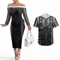 Mabuhay Philippines Festival Couples Matching Off The Shoulder Long Sleeve Dress and Hawaiian Shirt Filipino Map Black White Igorot Pattern