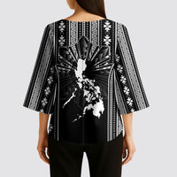 Mabuhay Philippines Festival Kimono Sleeve Blouse Filipino Map Black White Igorot Pattern