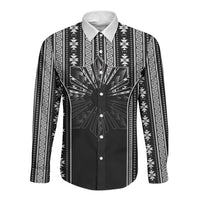 Mabuhay Philippines Festival Long Sleeve Button Shirt Filipino Map Black White Igorot Pattern