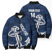 New Zealand Auckland Football Custom Bomber Puffer Jacket Navy Blue City Anchor Sky Tower Symbol - Polynesian Pride