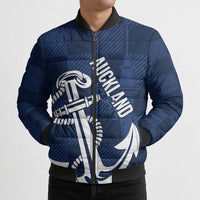 New Zealand Auckland Football Custom Bomber Puffer Jacket Navy Blue City Anchor Sky Tower Symbol - Polynesian Pride