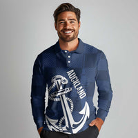 New Zealand Auckland Football Custom Long Sleeve Polo Shirt Navy Blue City Anchor Sky Tower Symbol - Polynesian Pride