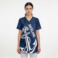 New Zealand Auckland Football Custom Scrub Top Navy Blue City Anchor Sky Tower Symbol - Polynesian Pride