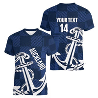New Zealand Auckland Football Custom Women V-Neck T-Shirt Navy Blue City Anchor Sky Tower Symbol - Polynesian Pride