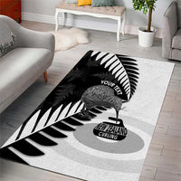 New Zealand Silver Fern Curling Personalised Area Rug Aotearoa Kiwi Ponga Black White Version - Polynesian Pride