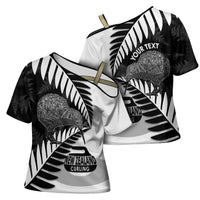 New Zealand Silver Fern Curling Personalised Cross Shoulder Shirt Aotearoa Kiwi Ponga Black White Version LT14 - Polynesian Pride