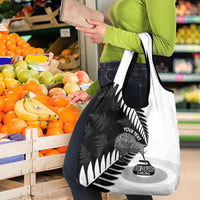 New Zealand Silver Fern Curling Personalised Grocery Bag Aotearoa Kiwi Ponga Black White Version - Polynesian Pride