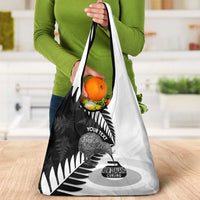 New Zealand Silver Fern Curling Personalised Grocery Bag Aotearoa Kiwi Ponga Black White Version - Polynesian Pride