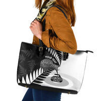 New Zealand Silver Fern Curling Personalised Leather Tote Bag Aotearoa Kiwi Ponga Black White Version - Polynesian Pride