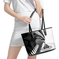 New Zealand Silver Fern Curling Personalised Leather Tote Bag Aotearoa Kiwi Ponga Black White Version - Polynesian Pride