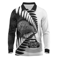 New Zealand Silver Fern Curling Personalised Long Sleeve Polo Shirt Aotearoa Kiwi Ponga Black White Version - Polynesian Pride