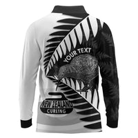 New Zealand Silver Fern Curling Personalised Long Sleeve Polo Shirt Aotearoa Kiwi Ponga Black White Version - Polynesian Pride