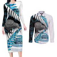 New Zealand Silver Fern Curling Personalised Couples Matching Long Sleeve Bodycon Dress and Long Sleeve Button Shirt Aotearoa Kiwi Ponga Paua Shell Version - Polynesian Pride