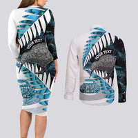 New Zealand Silver Fern Curling Personalised Couples Matching Long Sleeve Bodycon Dress and Long Sleeve Button Shirt Aotearoa Kiwi Ponga Paua Shell Version - Polynesian Pride