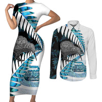 New Zealand Silver Fern Curling Personalised Couples Matching Short Sleeve Bodycon Dress and Long Sleeve Button Shirt Aotearoa Kiwi Ponga Paua Shell Version - Polynesian Pride