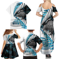 New Zealand Silver Fern Curling Personalised Family Matching Summer Maxi Dress and Hawaiian Shirt Aotearoa Kiwi Ponga Paua Shell Version - Polynesian Pride