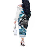 New Zealand Silver Fern Curling Personalised Off The Shoulder Long Sleeve Dress Aotearoa Kiwi Ponga Paua Shell Version - Polynesian Pride