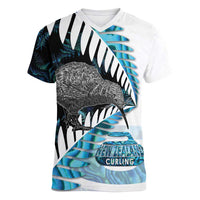 New Zealand Silver Fern Curling Personalised Women V-Neck T-Shirt Aotearoa Kiwi Ponga Paua Shell Version - Polynesian Pride