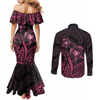 Pink Black Polynesia Floral Sea Turtle Couples Matching Mermaid Dress and Long Sleeve Button Shirt LT14 - Polynesian Pride