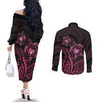 Pink Black Polynesia Floral Sea Turtle Couples Matching Off The Shoulder Long Sleeve Dress and Long Sleeve Button Shirt LT14 - Polynesian Pride