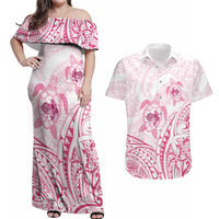 Pink White Polynesia Floral Sea Turtle Couples Matching Off Shoulder Maxi Dress and Hawaiian Shirt LT14 White - Polynesian Pride