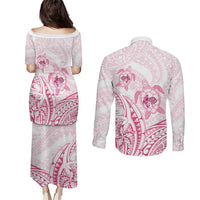 Pink White Polynesia Floral Sea Turtle Couples Matching Puletasi and Long Sleeve Button Shirt LT14 - Polynesian Pride