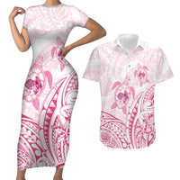 Pink White Polynesia Floral Sea Turtle Couples Matching Short Sleeve Bodycon Dress and Hawaiian Shirt - Polynesian Pride