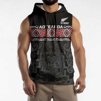 Custom New Zealand Silver Fern Rugby Sleeveless Hoodie All Black Maori Taniko Pattern - Polynesian Pride