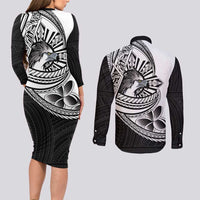Philippines Eagle Sun Couples Matching Long Sleeve Bodycon Dress and Long Sleeve Button Shirt Filipino Agila Polynesian Tattoo Black Color