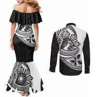 Philippines Eagle Sun Couples Matching Mermaid Dress and Long Sleeve Button Shirt Filipino Agila Polynesian Tattoo Black Color